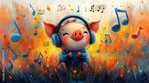   A pig in headphones and musical notes on its ears lounging in a field of grass photo