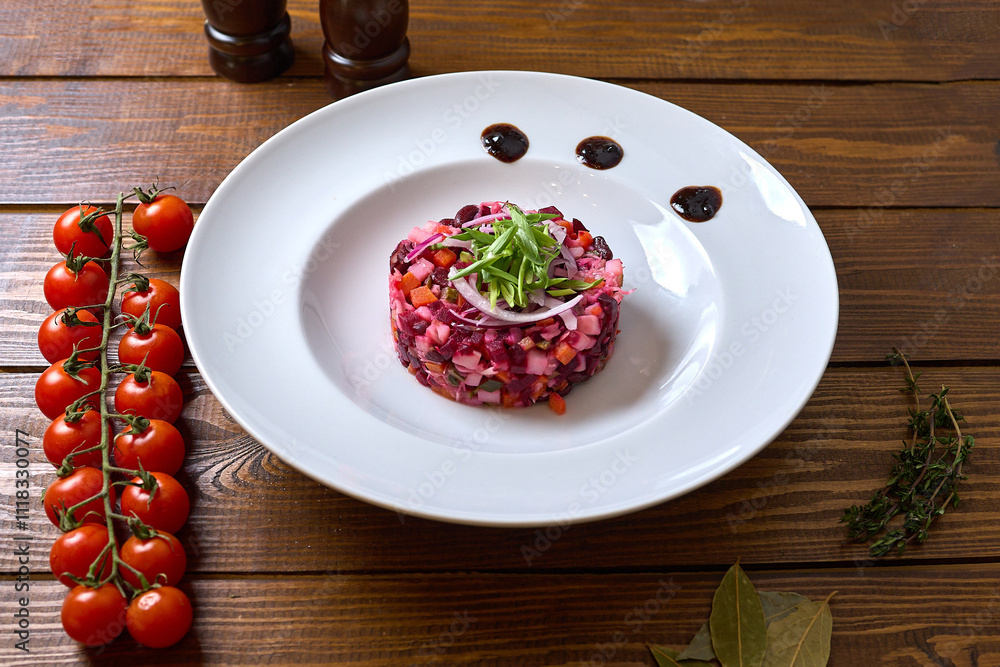 A colorful gourmet salad artfully arranged on a rustic wooden table for a delightful meal A colorful gourmet salad artfully arranged on a rustic wooden table for a delightful meal