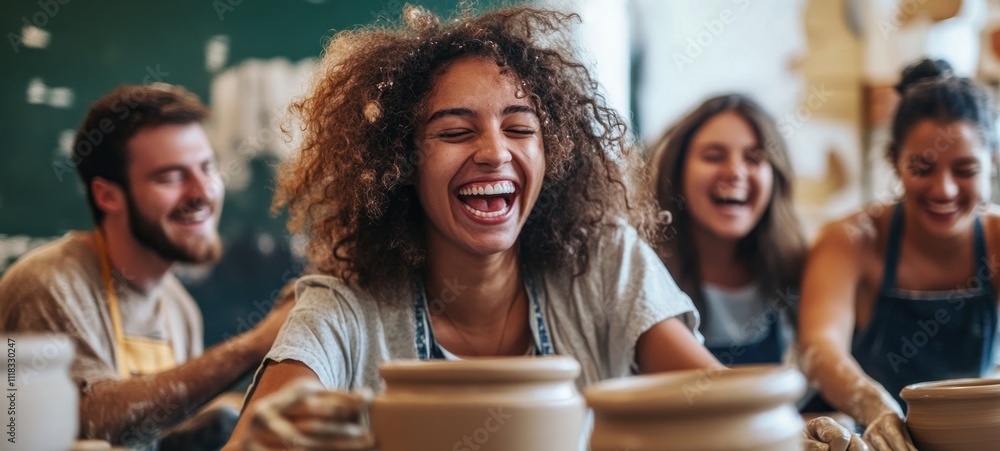 Obraz premium Joyful Pottery Class: Friends Creating and Laughing Together