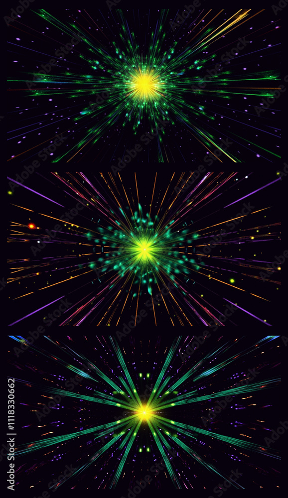 Bright Green and Yellow Abstract Energy Bursts on a Dark Background in Three Layers Bright Green and Yellow Abstract Energy Bursts on a Dark Background in Three Layers