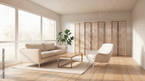 Modern Minimalist Living Room Interior with Natural Light and Decorative Screen