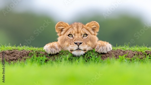 Lion Cub Peek-a-Boo: An adorable lion cub playfully peeks over a grassy knoll, its captivating gaze drawing you into its world. A heartwarming image perfect for nature lovers photo