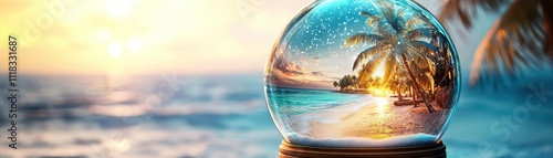 Christmas on the beach. A whimsical snow globe containing a tropical beach scene, glowing with soft light, rendered in 3D hyperrealism