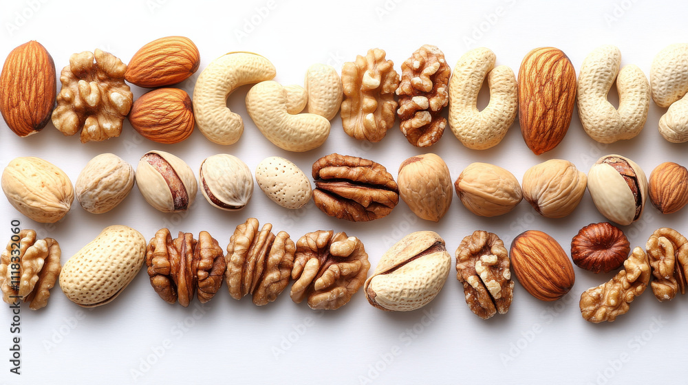 Nuts and dried fruits arranged in colorful display, showcasing various textures and shapes. This vibrant assortment includes almonds, walnuts, and peanuts, creating visually appealing composition Nuts and dried fruits arranged in colorful display, showcasing various textures and shapes. This vibrant assortment includes almonds, walnuts, and peanuts, creating visually appealing composition