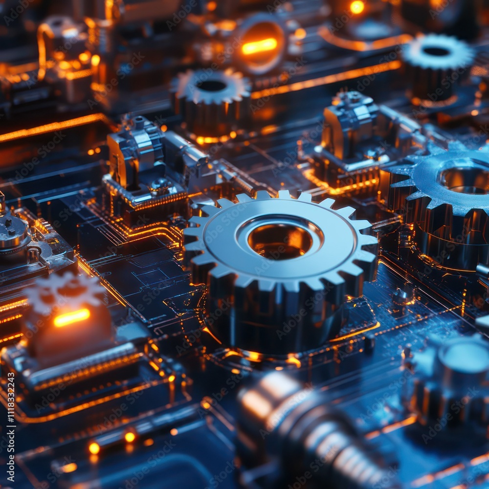 A cl--aose-up of gears and abstract machinery, illustrating the concept of industrial innovation. --v 6.1 Job ID: d41e7bd3-203e-4efc-9c89-40a78079e65a A cl--aose-up of gears and abstract machinery, illustrating the concept of industrial innovation. --v 6.1 Job ID: d41e7bd3-203e-4efc-9c89-40a78079e65a