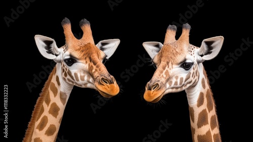 Giraffe Portrait: A captivating close-up of two giraffes, their heads turned towards each other, creating a sense of curiosity and connection. photo