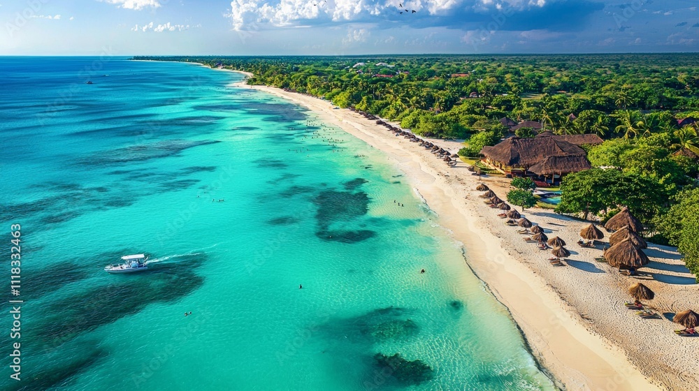 Fototapeta premium Aerial View of Pristine Beach with Turquoise Waters and White Sand