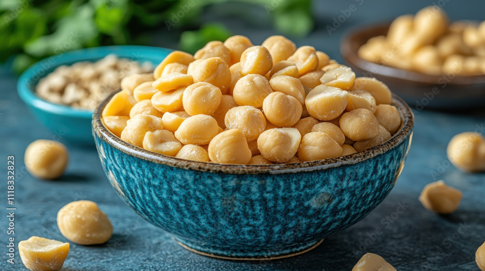 Fresh natural macadamia nuts in decorative bowl, showcasing their creamy texture and color. Perfect for healthy snacking or culinary uses Fresh natural macadamia nuts in decorative bowl, showcasing their creamy texture and color. Perfect for healthy snacking or culinary uses