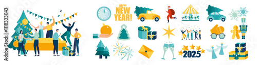 сетVector illustration set for the new year, decoration for the holiday, a company of people celebrating the new year