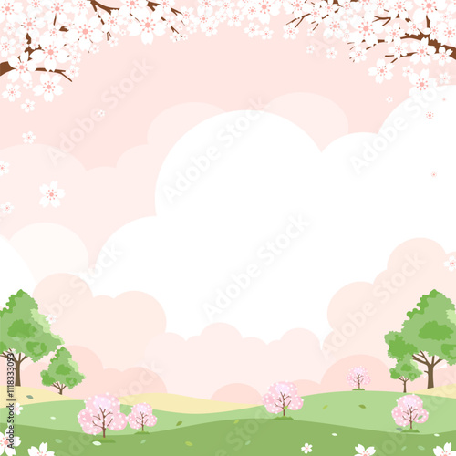 Pink Sky with cloud background,Spring landscape with Cherry flower frame boder,green grass field,Nature Summer flower fields with copy space,Cute Cartoon vector illustration backdrop banner for Easter