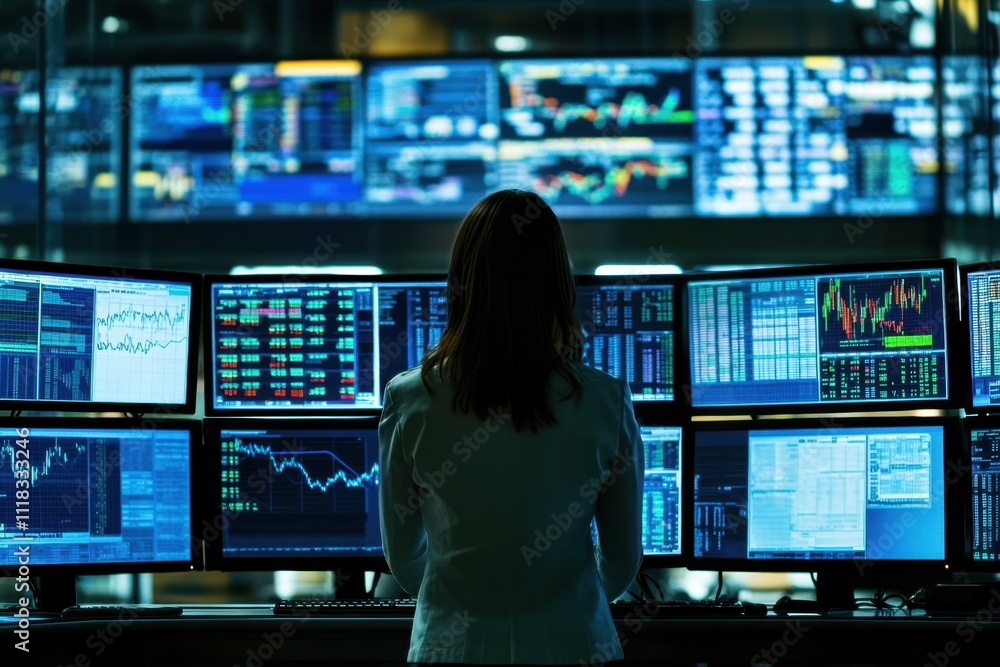 Professional Woman Analyzing Market Data with Multiple Monitors in Financial Office, Visualizing Graphs and Stock Prices in High-Tech Environment Professional Woman Analyzing Market Data with Multiple Monitors in Financial Office, Visualizing Graphs and Stock Prices in High-Tech Environment