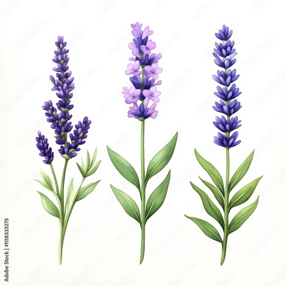 Naklejka premium Watercolor Lavender Flowers Isolated on White Background