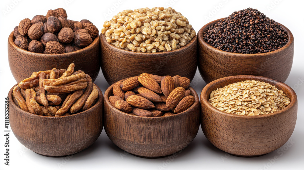 variety of nuts and seeds displayed in wooden bowls, showcasing their natural textures and colors. This collection includes almonds, oats, and other seeds, perfect for healthy snacking variety of nuts and seeds displayed in wooden bowls, showcasing their natural textures and colors. This collection includes almonds, oats, and other seeds, perfect for healthy snacking