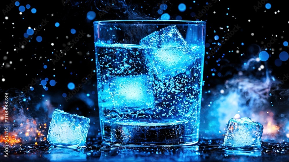Ice cubes & water in black background, w/ splash on ice cubes Ice cubes & water in black background, w/ splash on ice cubes