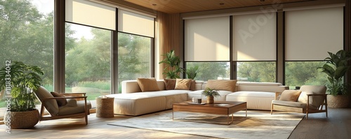 Modern living room with large windows featuring automatic roller blinds, solar shades. Wood decor panels complement modern style. Room well-lit with natural sunlight filtering through shades. photo