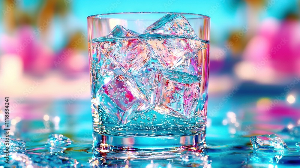 A blue and pink table with an ice-filled glass of water on top and ice cubes scattered around it A blue and pink table with an ice-filled glass of water on top and ice cubes scattered around it