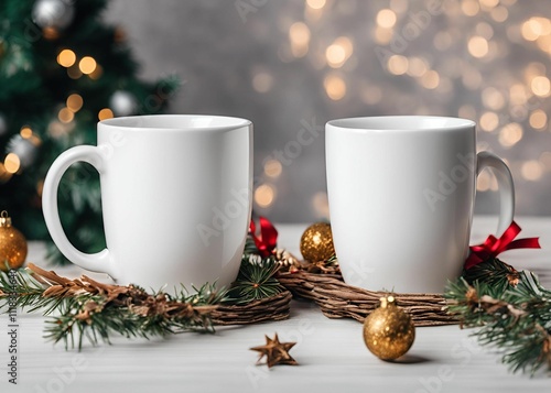 Cup template for your design, logo with copy space.Christmas mockup one white empty tea mugs on a table and branches of a Christmas tree wreath and christmas background.