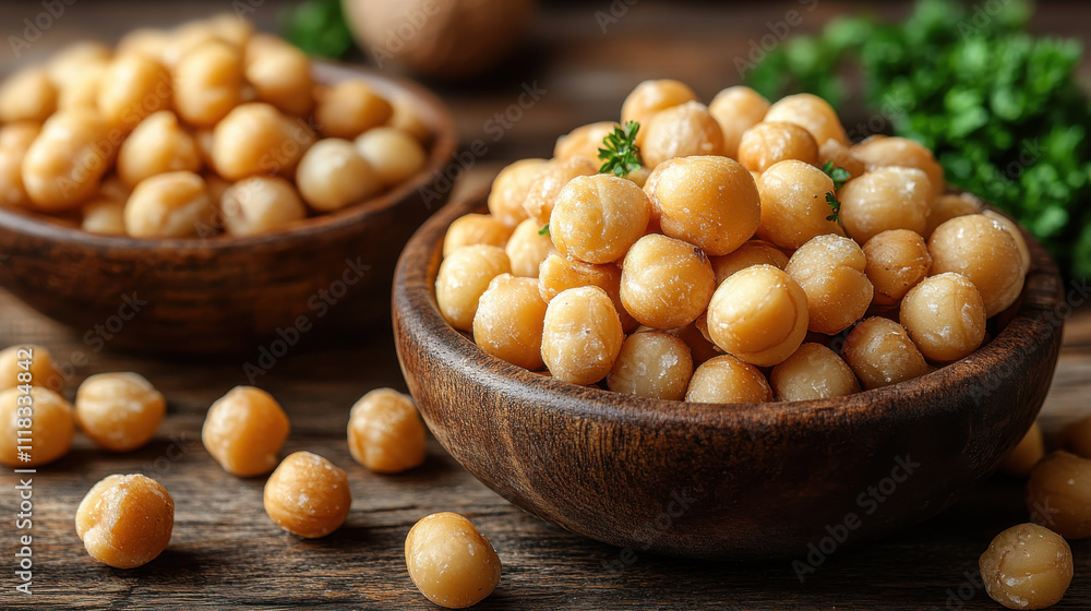 Fresh chickpeas in wooden bowls on rustic table, showcasing their natural texture and color. Perfect for healthy recipes and snacks Fresh chickpeas in wooden bowls on rustic table, showcasing their natural texture and color. Perfect for healthy recipes and snacks