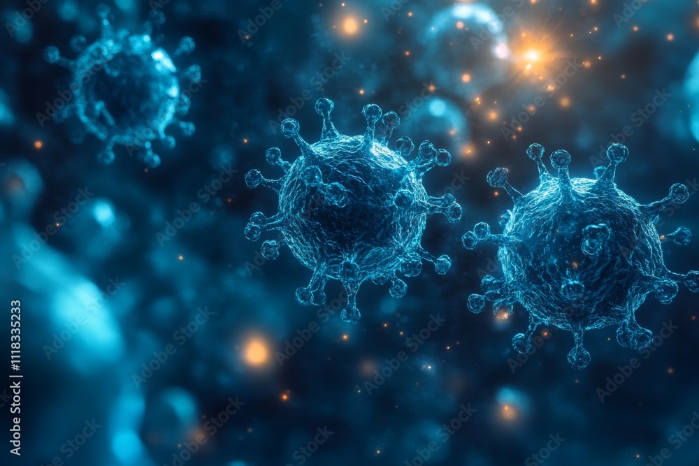 D Rendering of Coronavirus Cells in Blue and Gold D Rendering of Coronavirus Cells in Blue and Gold
