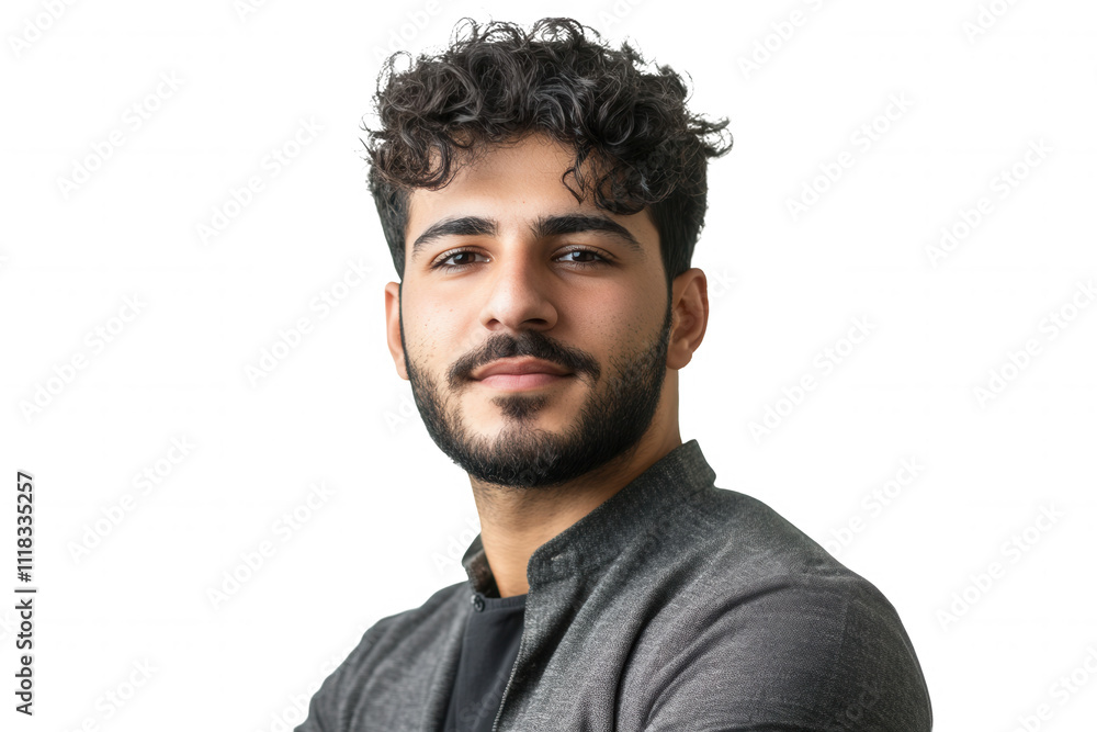 Obraz premium Confident young middle-eastern male with curly hair in casual attire.