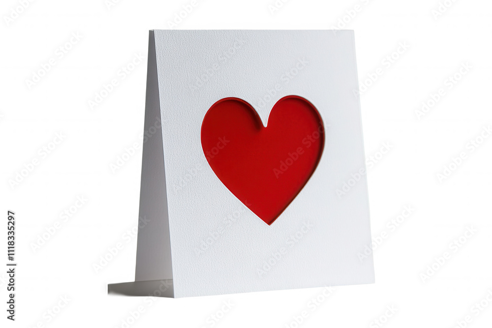 White greeting card with red heart cutout on stand. White greeting card with red heart cutout on stand.