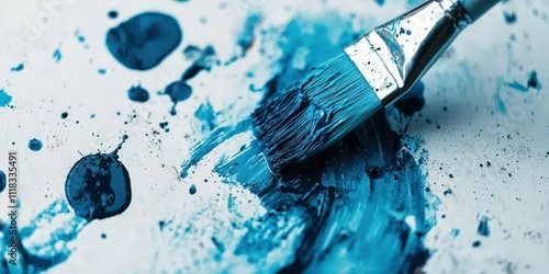 Fototapeta Naklejka Na Ścianę i Meble -  A close-up of a brush applying blue paint on a white wall, with paint splatters nearby.