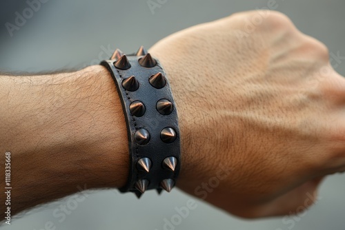 Close-up of a studded bracelet on a musician's wrist, showcasing punk or rock style