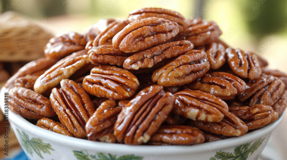 Caramelized pecans in bowl, perfect for appetizers or salads, adding sweet crunch to any dish. Enjoy their rich flavor and delightful texture! Caramelized pecans in bowl, perfect for appetizers or salads, adding sweet crunch to any dish. Enjoy their rich flavor and delightful texture!