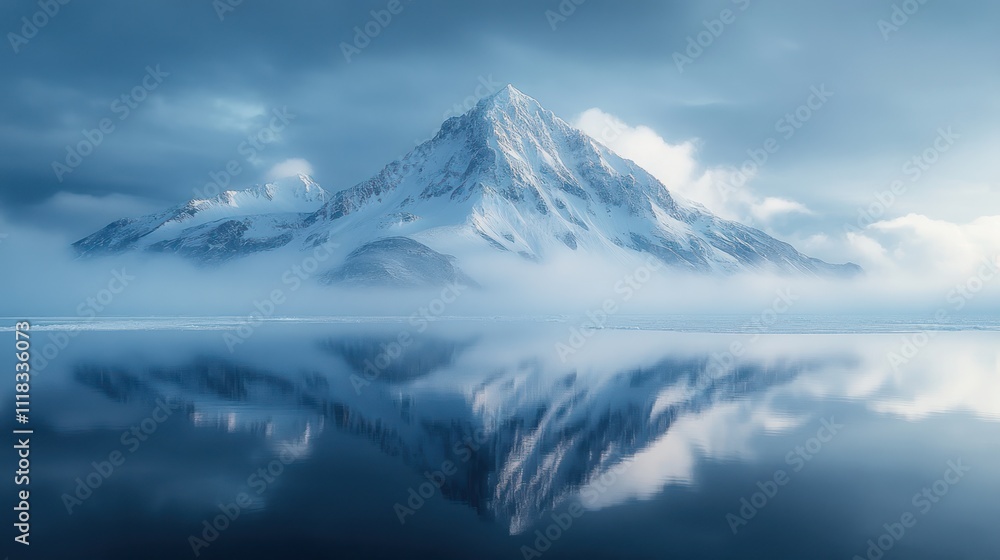Majestic snow-capped mountain reflected in a serene, misty lake. Majestic snow-capped mountain reflected in a serene, misty lake.