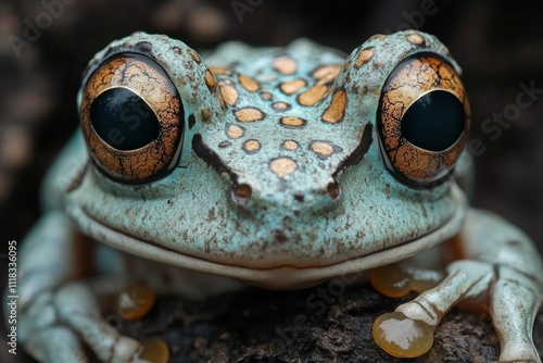 Close-up of an amazon milk frog displaying its vibrant blue, orange, and black markings while perched on a branch photo