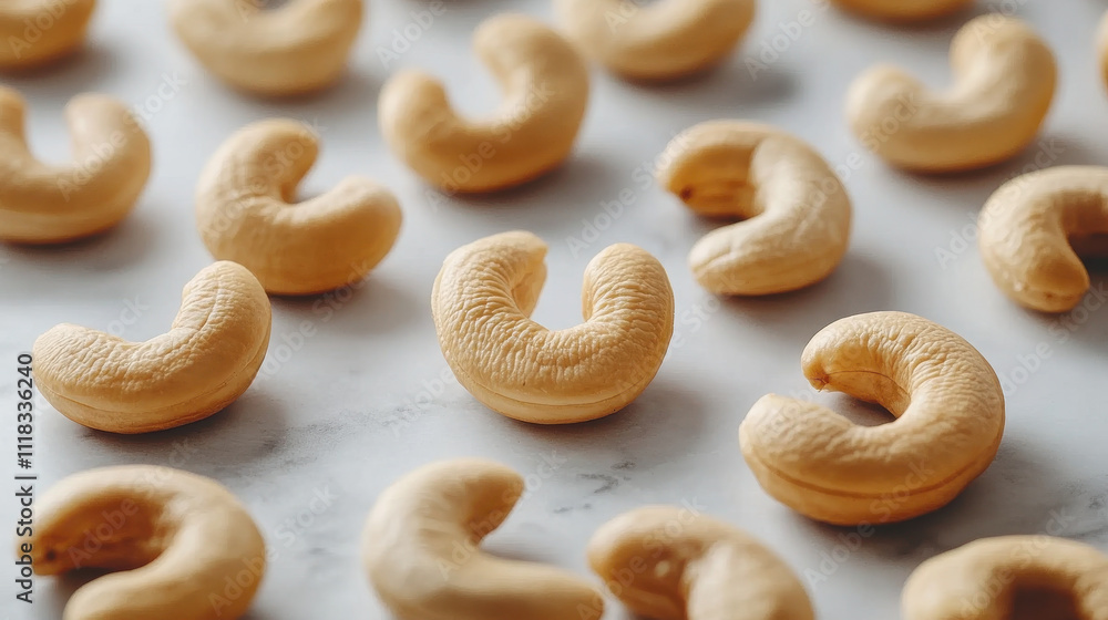Cashew nuts arranged on light surface, showcasing their unique shapes and textures. These nutritious snacks are perfect for healthy eating and culinary uses Cashew nuts arranged on light surface, showcasing their unique shapes and textures. These nutritious snacks are perfect for healthy eating and culinary uses