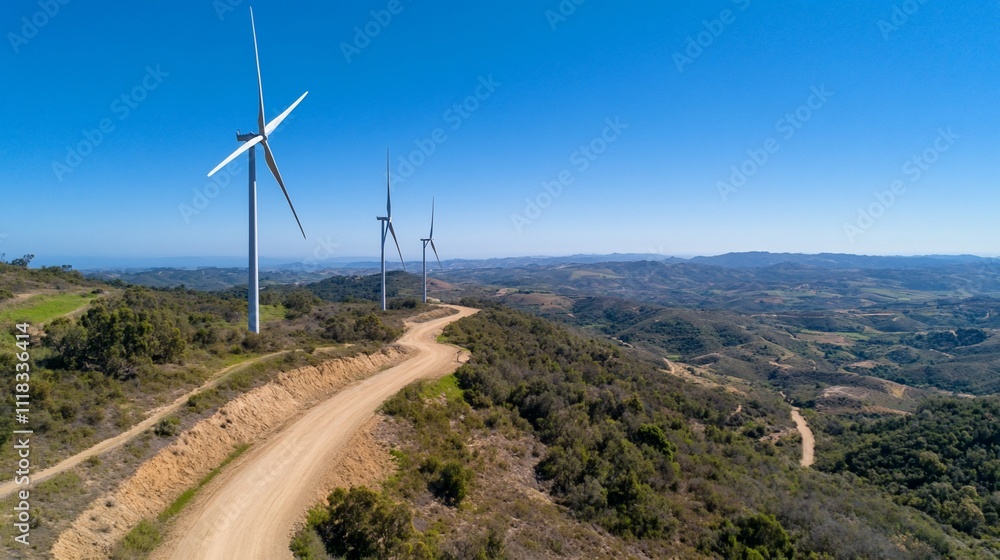 Wind turbines on a hillside with a dirt road and expansive landscape. Wind turbines on a hillside with a dirt road and expansive landscape.