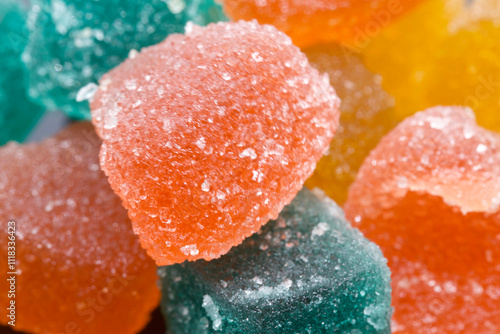Close-Up of Vibrant Colorful Sugary Jelly Candies in Assorted Flavors