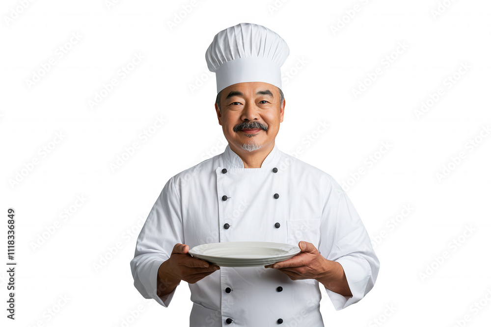 Isolated on a transparent background. Asian male chef holding empty plate with welcoming smile. Isolated on a transparent background. Asian male chef holding empty plate with welcoming smile.