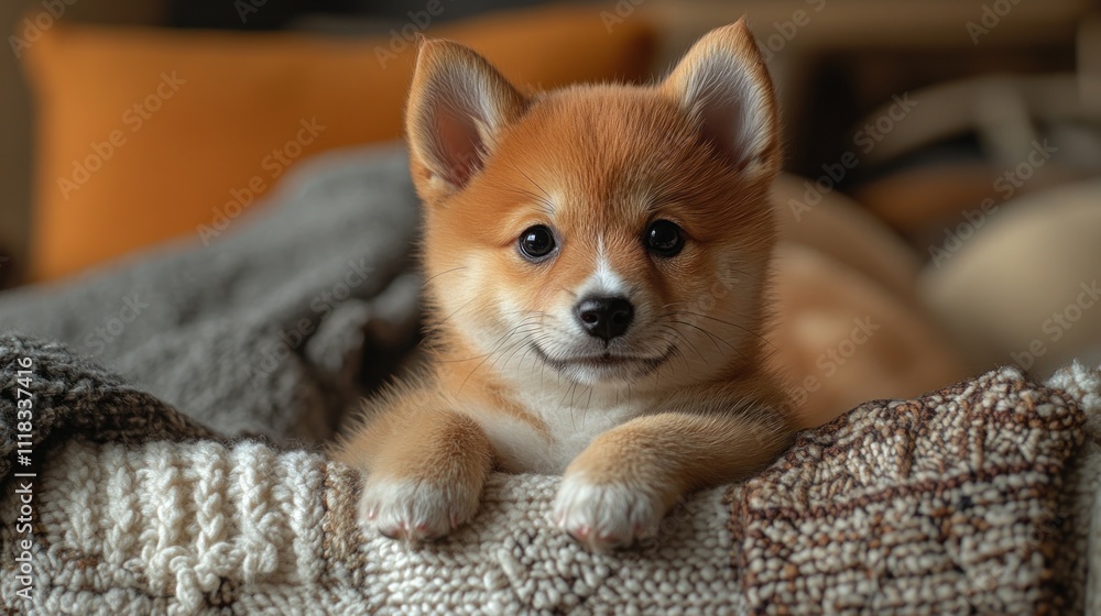 Adorable Shiba Inu puppy nestled in cozy blankets, looking directly at the camera. Adorable Shiba Inu puppy nestled in cozy blankets, looking directly at the camera.