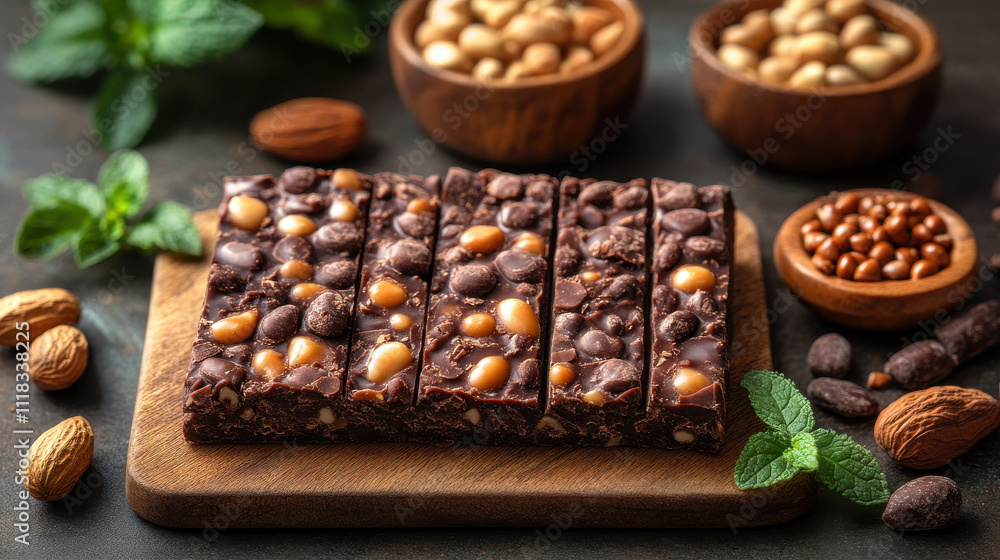 Delicious chocolate bars with nuts and caramel, surrounded by various nuts and mint leaves, create tempting treat. Perfect for snacking or dessert lovers Delicious chocolate bars with nuts and caramel, surrounded by various nuts and mint leaves, create tempting treat. Perfect for snacking or dessert lovers