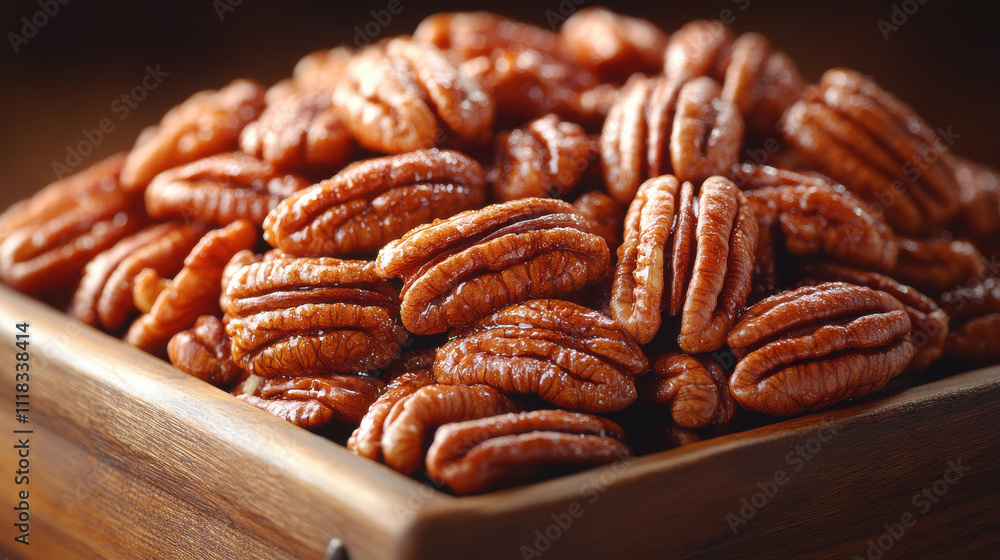 Fresh pecan nuts in wooden bowl, showcasing their rich texture and color. Perfect for snacking or baking, these nuts add delightful crunch to any dish Fresh pecan nuts in wooden bowl, showcasing their rich texture and color. Perfect for snacking or baking, these nuts add delightful crunch to any dish
