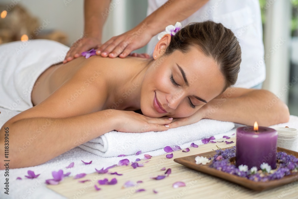 A woman enjoys a soothing massage while lying on a treatment table. Surrounded by soft lighting and scattered flower petals, she appears peaceful and relaxed, emphasizing the tranquility of the spa en A woman enjoys a soothing massage while lying on a treatment table. Surrounded by soft lighting and scattered flower petals, she appears peaceful and relaxed, emphasizing the tranquility of the spa en