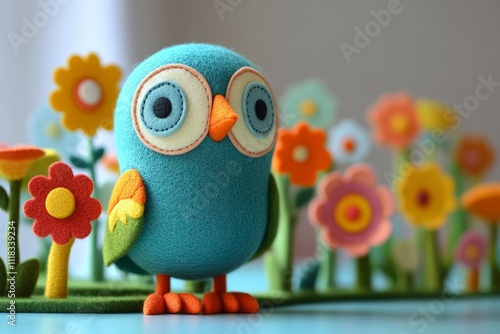 Handmade felt owl toy standing in a vibrant felt garden, bringing a touch of whimsy and handmade charm photo