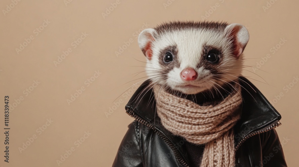 A ferret showcases its stylish side while wearing a miniature leather jacket and scarf. The cute creature stands confidently, exuding charm and personality in a cozy setting A ferret showcases its stylish side while wearing a miniature leather jacket and scarf. The cute creature stands confidently, exuding charm and personality in a cozy setting