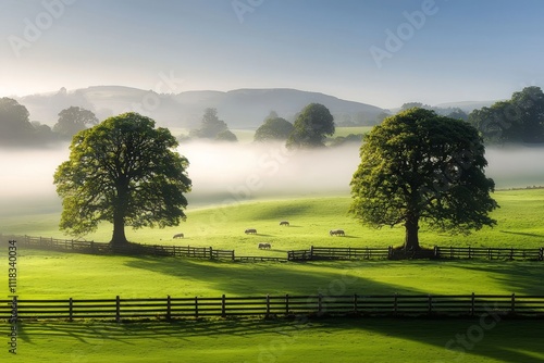 A misty winter day in Wharfedale Yorkshire England UK shows sheep in a field photo