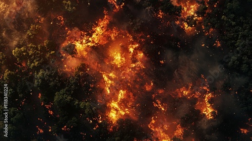 Dramatic Aerial View of Forest Fire Spreading Through Dense Trees