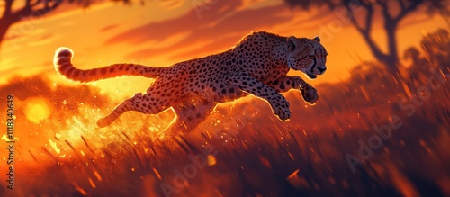 Cheetah leaping across golden savanna at sunset. photo