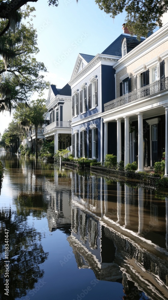Obraz premium A Clipper's house is submerged in water after a flood, surrounded by American townhouses reflecting on the lake's surface