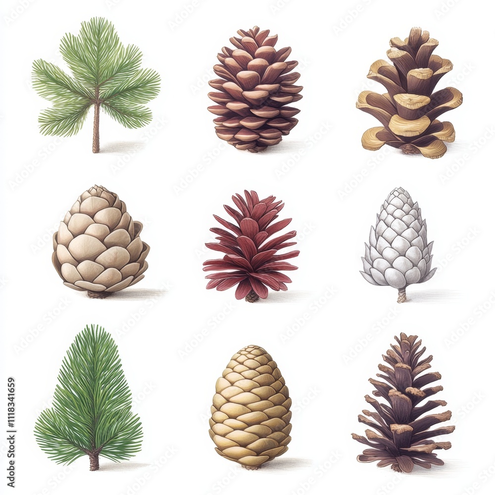 Pine Tree Branches and Cones Illustration Set Pine Tree Branches and Cones Illustration Set