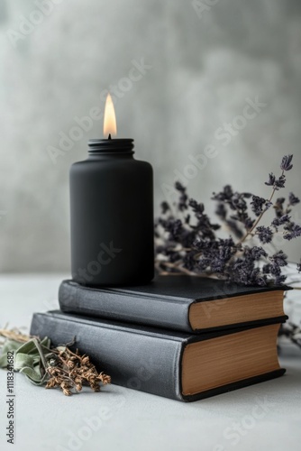 magical study, spell books and enchanted herbs are on a polished table in a bright, airy room with a mystical touch and spacious vibe photo