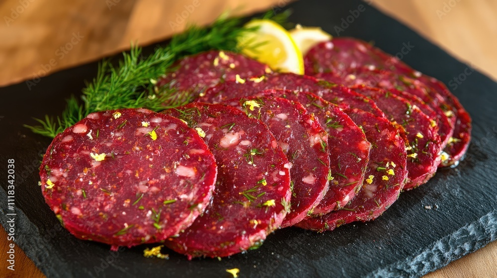 Sliced Gourmet Meat with Fresh Herbs and Lemon on Slate Board Sliced Gourmet Meat with Fresh Herbs and Lemon on Slate Board