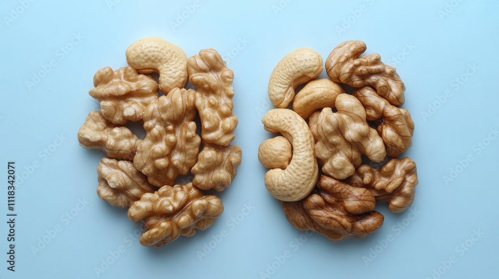 flat lay composition featuring variety of organic mixed nuts, showcasing their unique shapes and textures against light blue background. This visually appealing arrangement highlights natural beauty flat lay composition featuring variety of organic mixed nuts, showcasing their unique shapes and textures against light blue background. This visually appealing arrangement highlights natural beauty