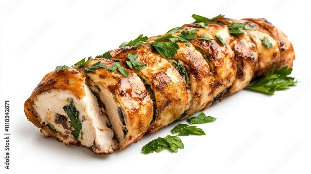 Herb-Rolled Chicken Breast Slices with Fresh Parsley Garnish Herb-Rolled Chicken Breast Slices with Fresh Parsley Garnish