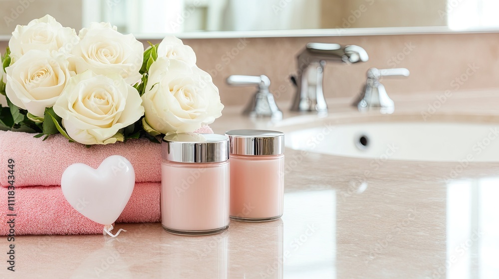 A beautiful Valentine's Day display features a bouquet of white roses alongside pink towels and heart-shaped balloons, creating a romantic atmosphere in a modern bathroom A beautiful Valentine's Day display features a bouquet of white roses alongside pink towels and heart-shaped balloons, creating a romantic atmosphere in a modern bathroom